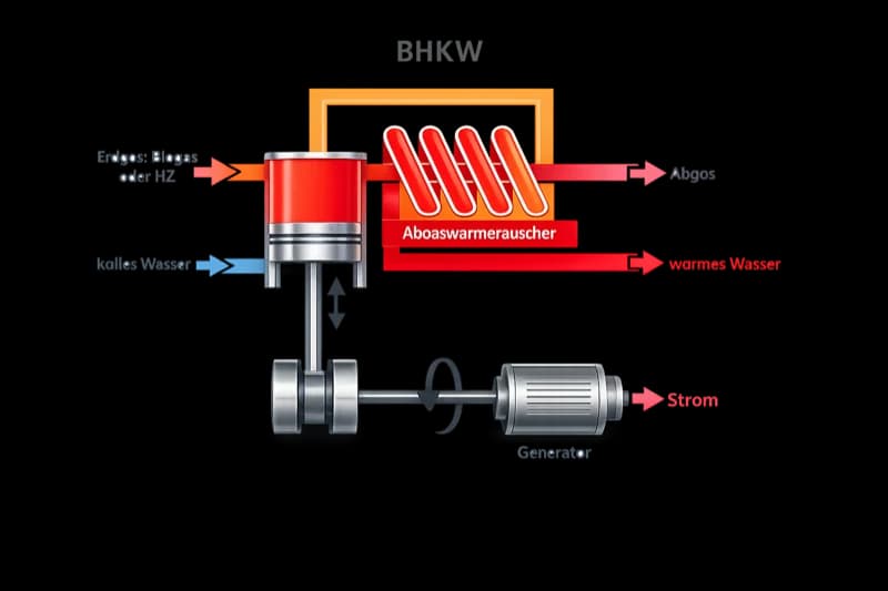 BHKW-Funktionsweise: Erdgas oder Biogas treibt einen Motor an, der über einen Generator Strom erzeugt. Die Abwärme wird über einen Wärmetauscher genutzt.